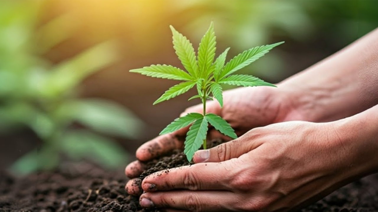 Mãos plantando muda no solo